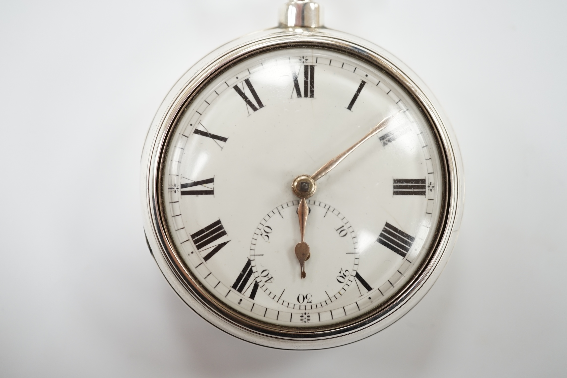 An early Victorian silver pair cased keywind pocket watch, by Curran of Dublin, with Roman dial and subsidiary seconds, the signed movement with diamond set cock and numbered 250, outer case diameter 58mm.